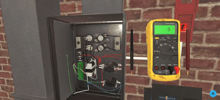 HVAC troubleshooting simulation showing an electrical control panel and diagnostic meter