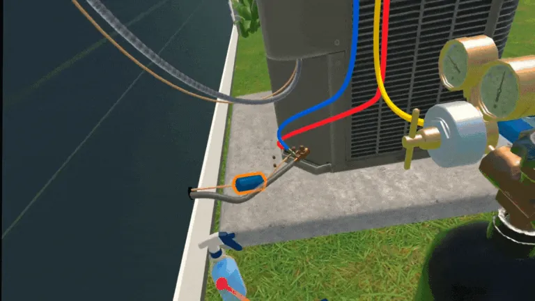 Leak testing, evacuation, and charging simulation at an outdoor air conditioning unit